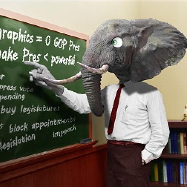 Man in a suit with a huge elephant head pointing at a green blackboard that has words about voter suppression