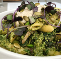 A plate with lots of pasta and green foods on it