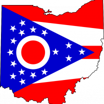 The map of Ohio with the Ohio flag coloring it in, red stripes and a blue triangle with white stars inside and a red circle