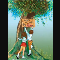 Kids putting a sign on a tree